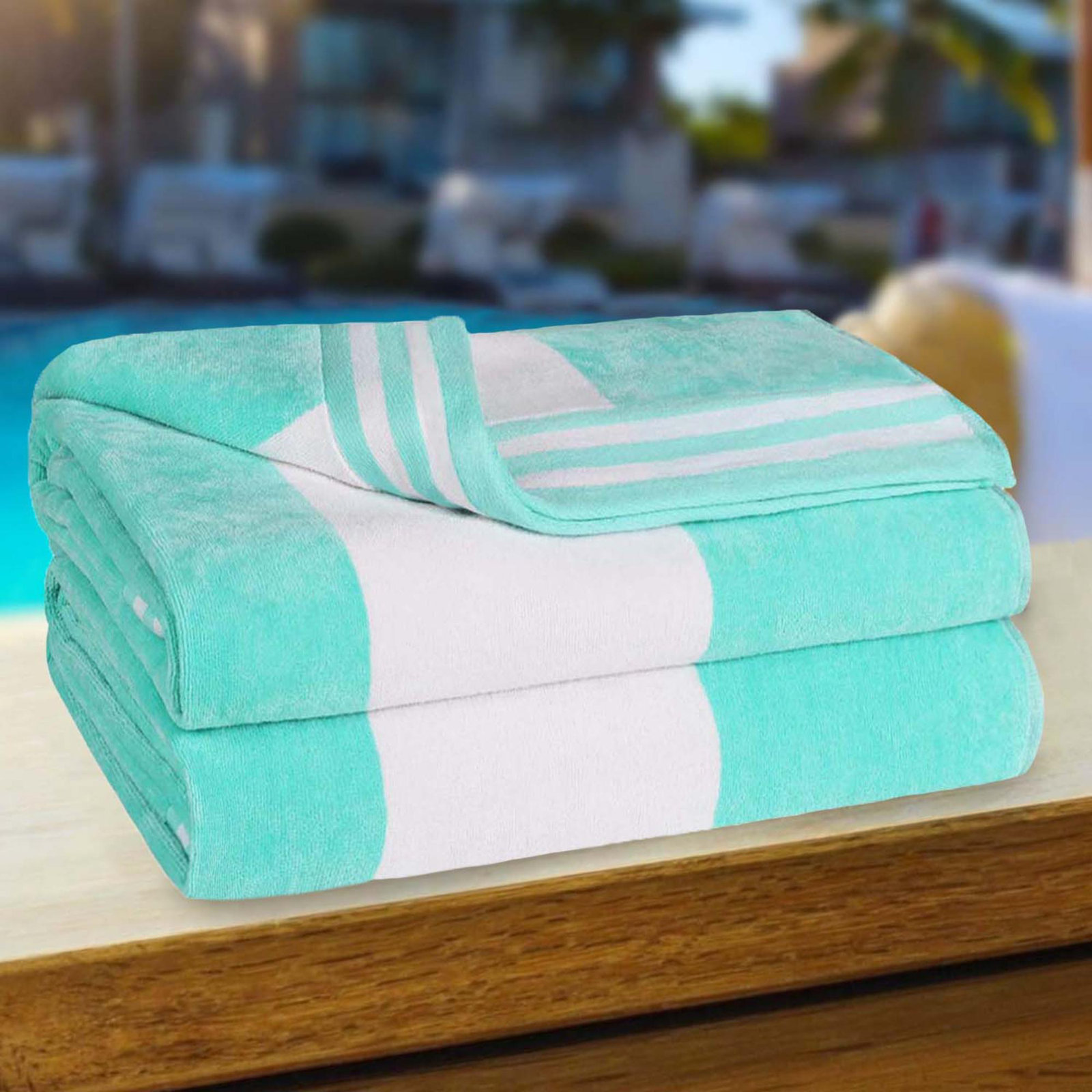 Calheta Cotton Oversized Cabana Stripe Beach Towels, Mint, 2
