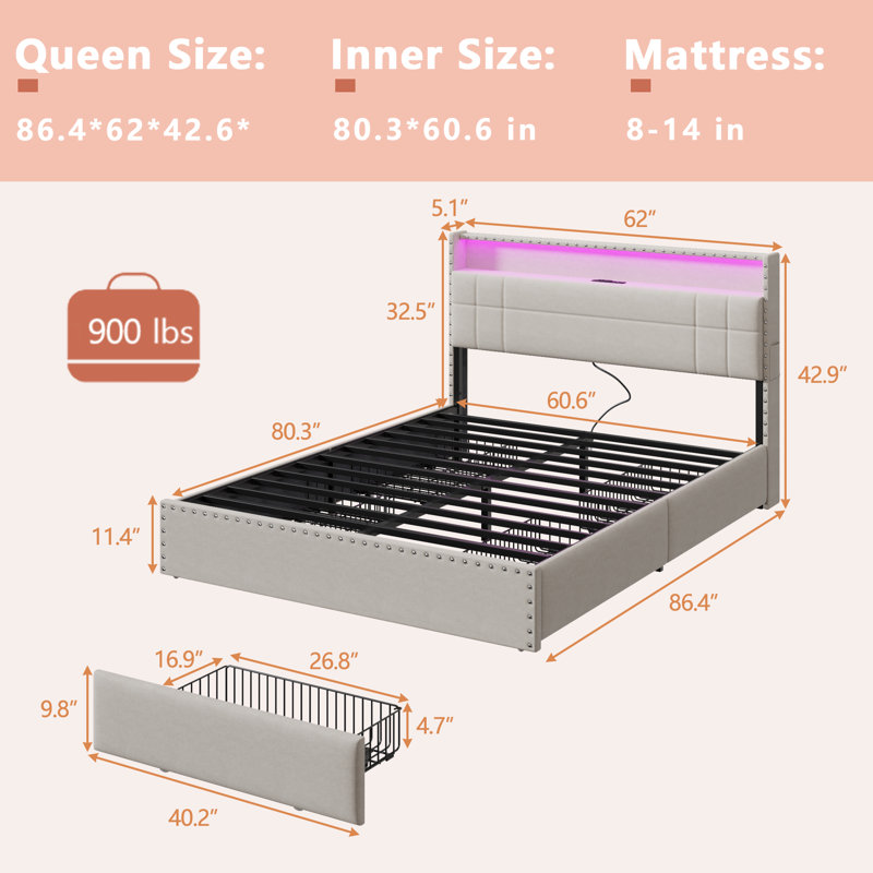 Queen Upholstered Platform Bed with 4 Drawers, Adjustable LED Light & Charging Station, No Box Spring Needed, Beige, Queen