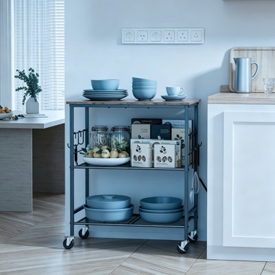 Rolling Kitchen Microwave Cart with Storage, 3 Tier Microwave Stand on Wheels, Small Kitchen Island with 6 Hooks for Coffee Bar, Living Room, Balcony