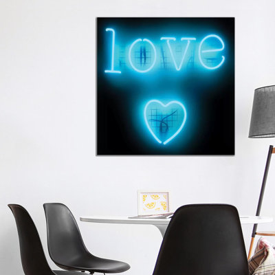 Neon Love Heart Aqua on Black 1 Piece Wrapped Canvas Wall Art