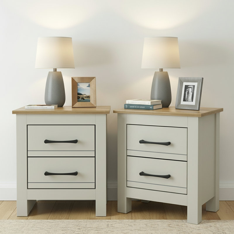 Limestone 2 Drawer Bedside Sets of 2, Light Grey/Brown