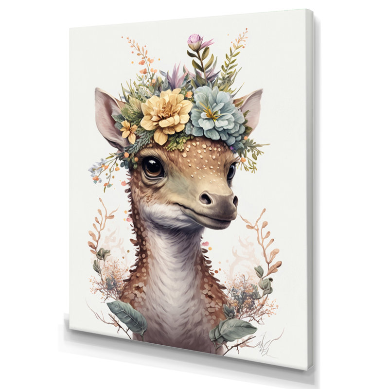 Mignon bébé dinosaure avec couronne florale - cadre flottant, impression sur toile, H 20 po x l 12 po x P 1 po, Toile tendue