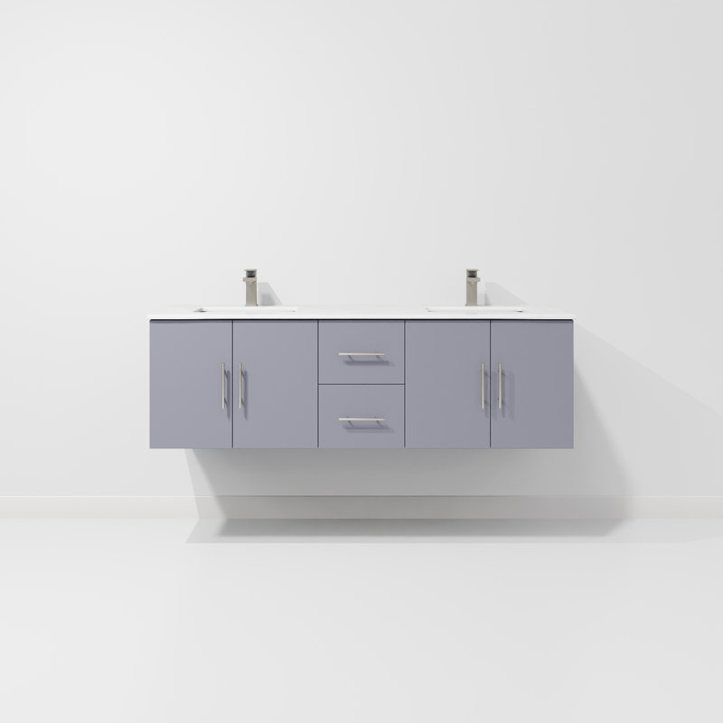 Ensemble de meuble-lavabo double mural 60 "Geneva, Gris foncé, Quartz blanc