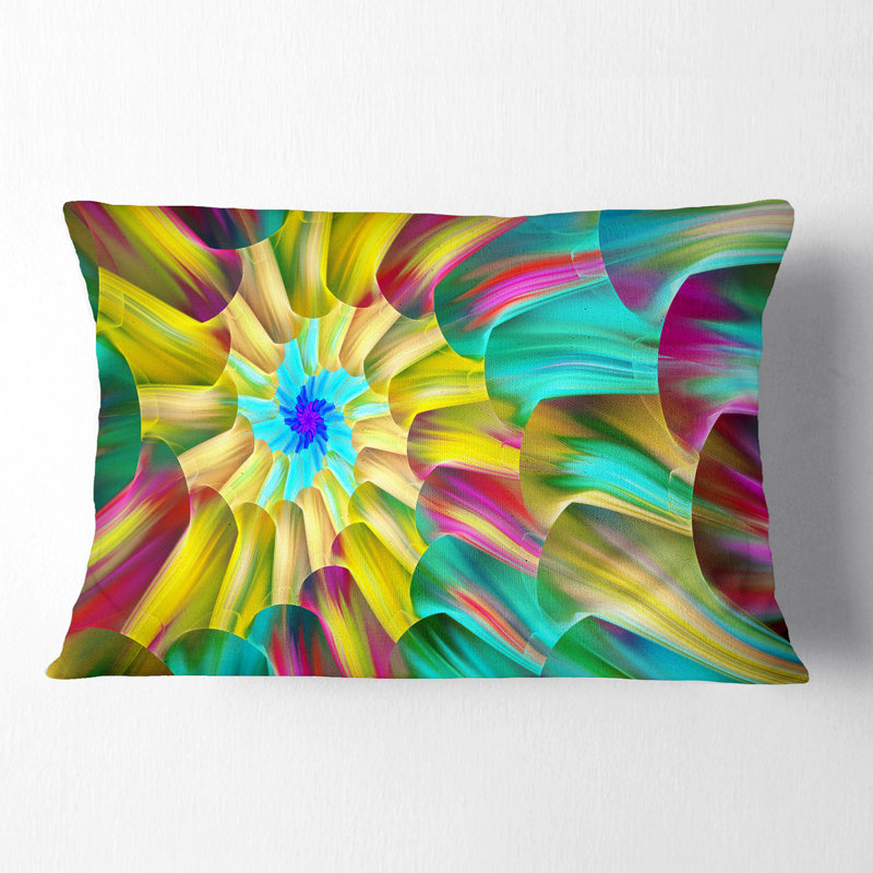 Stain Glass with Spirals - Coussin décoratif à imprimé floral, Bleu sarcelle/jaune
