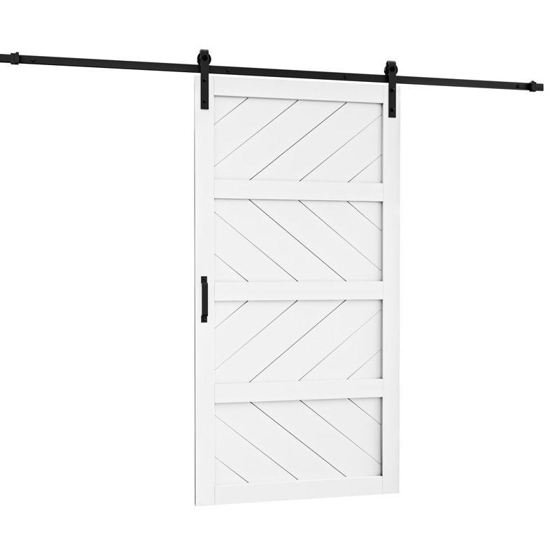 Porte de grange à panneaux en bois manufacturé massif avec trousse de quincaillerie d'installation, Blanc, 42 po x 84 po