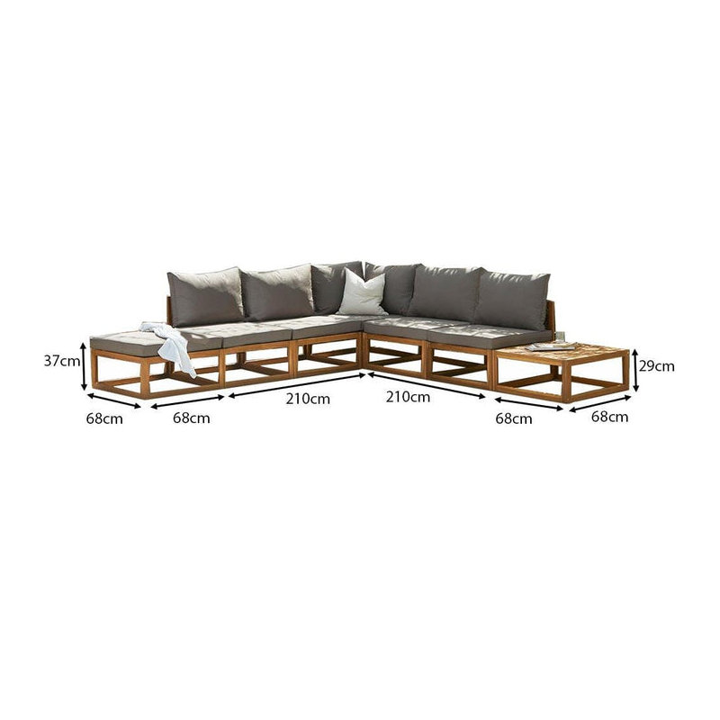 Rimasha 6 Seater Wooden Garden Chaise Corner Sofa Set with Coffee Table - Grey, Beige