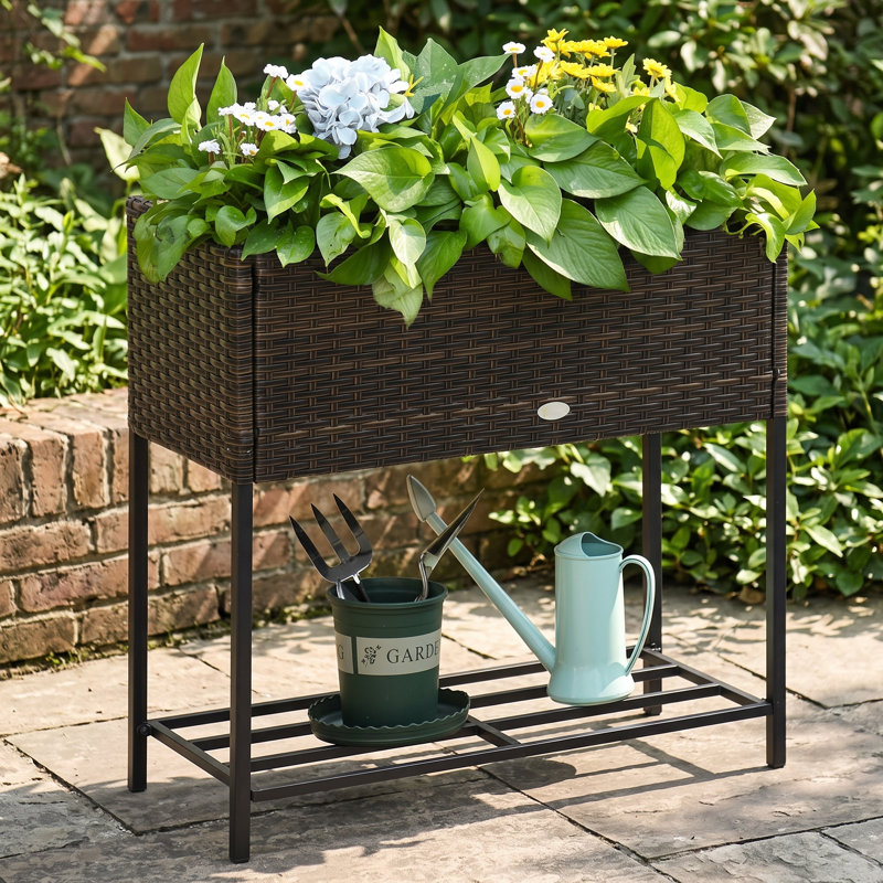 Lit de jardin surélevé, jardinière surélevée avec aspect osier en rotin pour les herbes, les légumes et les fleurs, Brun