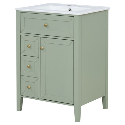 Meuble-lavabo de 24 po avec lavabo en céramique, tiroir coulissant, 2 tiroirs et armoire à porte à fermeture en douceur