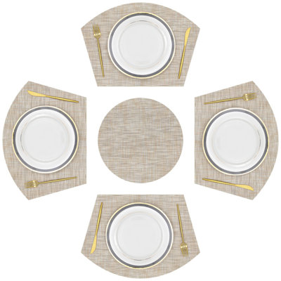 Large Size Wedge Shape Placemats with Centerpiece Round Mat Set of 5 Round Table Place Mats Washable Dining Table Placemats Reversible (Beige)