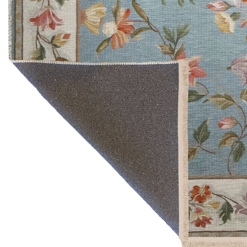 Tapis décoratif beige et bleu multicolore à motif floral frangé rose et vigne, Rectangle 4 pi 11,06 po x 9 pi 10,11 po