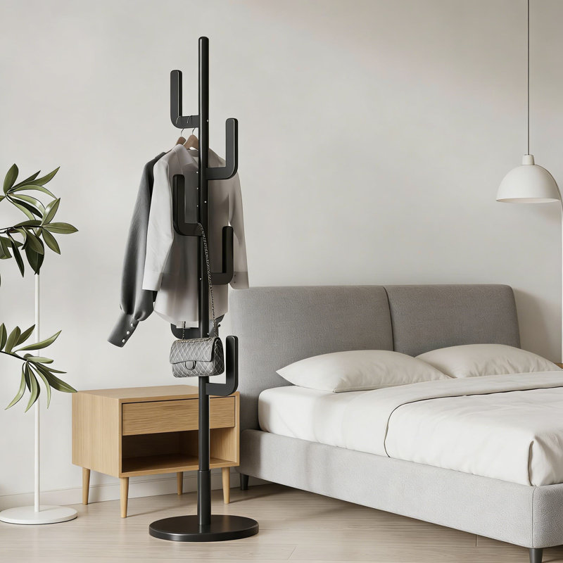 Solid Wood Freestanding Coat Rack With 6 Hooks, Height Adjustable Coat Tree For Entryway, Bedroom, Living Room, Sturdy Coat Hanger Stand For Jackets And Bags