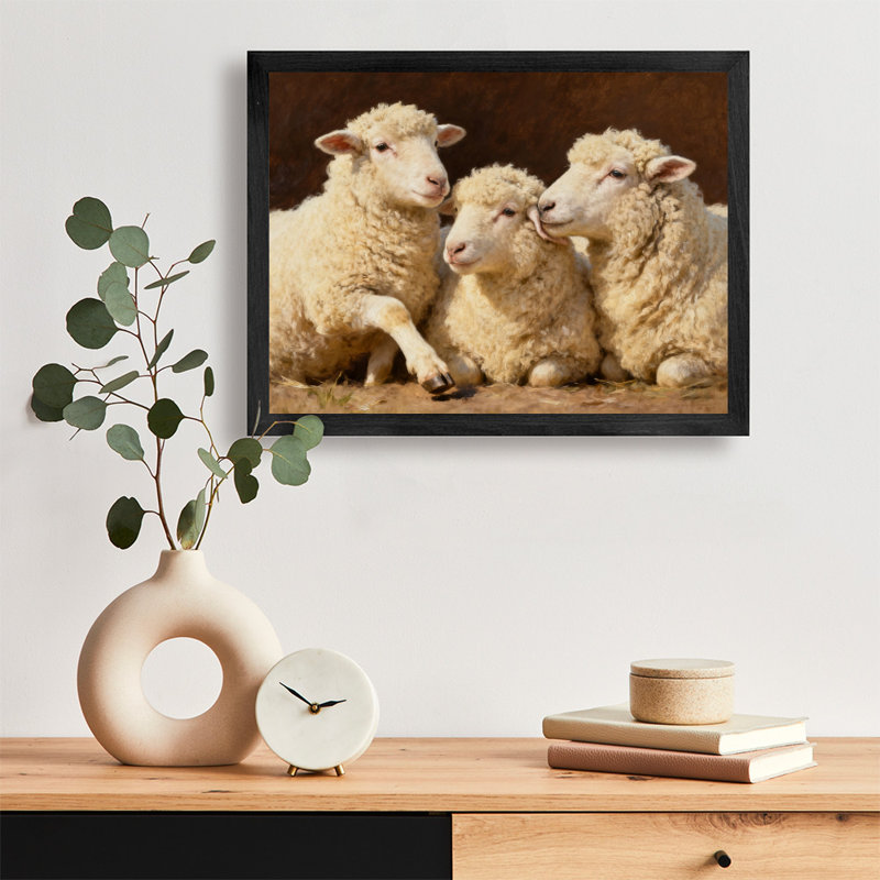 Reproduction d'art encadré noir, petit agneau mignon et douillet, style rétro, H 17 po x l 25 po
