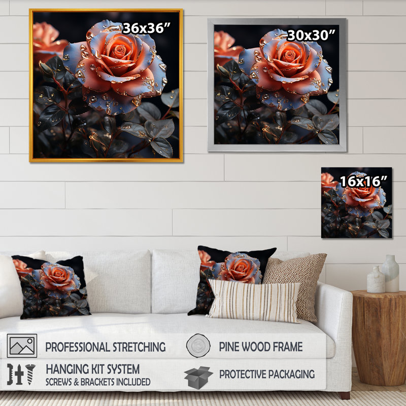 Or et rose bleue passion sur toile, Cadre flottant noir, H 36 po x l 36 po x P 1,5 po
