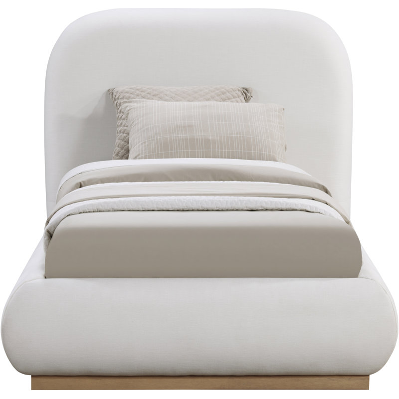 Hylia Upholstered Panel Bed, Twin, Cream Linen Textured Fabric / Stained Natural