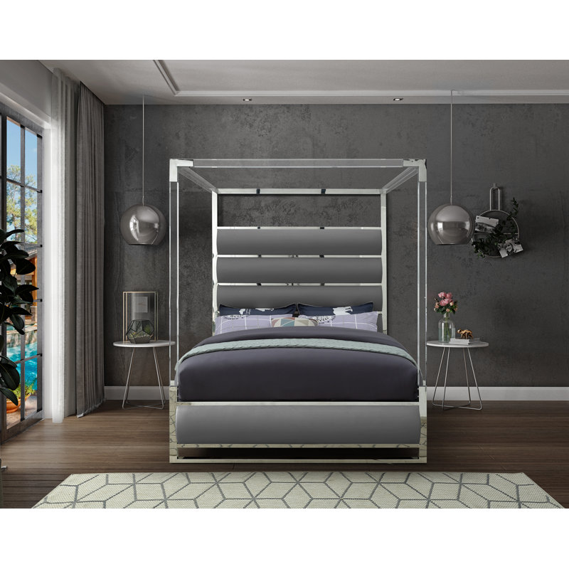 Encore Upholstered Low Profile Canopy Bed, Queen, Grey Vegan Leather