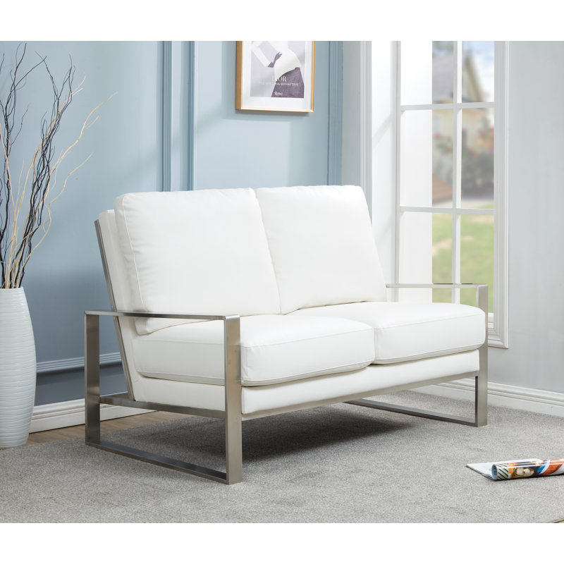 Iosif 53" Modern Faux Leather Loveseat with Polished Silver Metal Base – Square Arm Tuxedo Couch – Luxury Mid-Century Seating for Living Room or Office