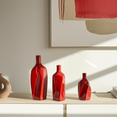 Vases Ceramic Abstract Modern Design Finish for Home Office Bedroom Living Room Decor Set of 3 - 7" Red
