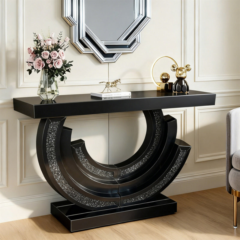 Console avec miroir en verre et miroir, Noir