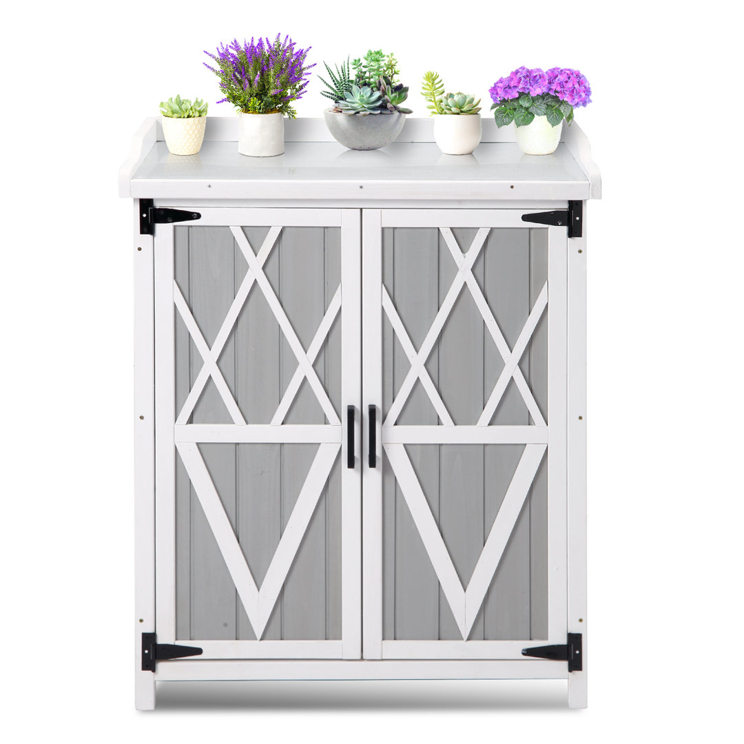 Potting Bench Table With Storage Cabinet And Adjustable Shelf, Garden Planting Workstation