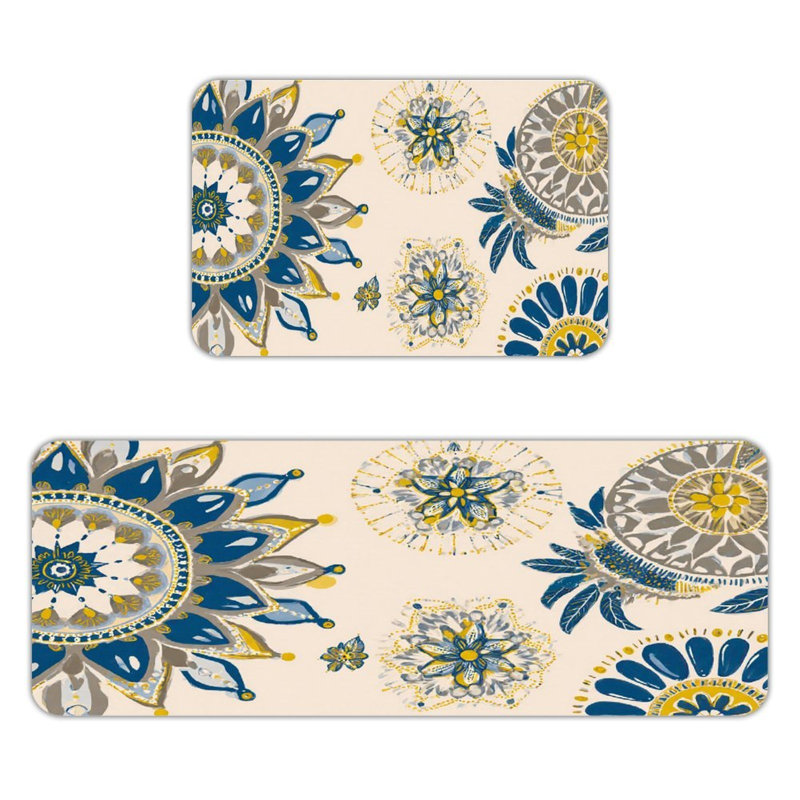 Tapis de cuisine antidérapant bleu / bleu Mandala, 2 pièces