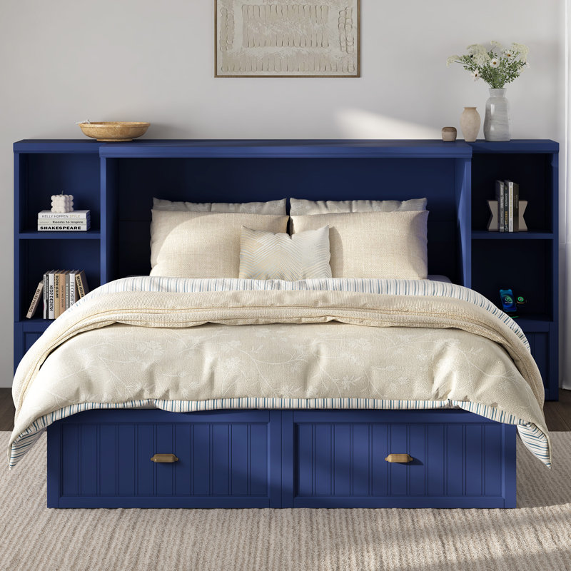 Lit escamotable complet Wilkinson Farmhouse avec tables de chevet, 3 tiroirs de rangement et station de charge, bleu marine