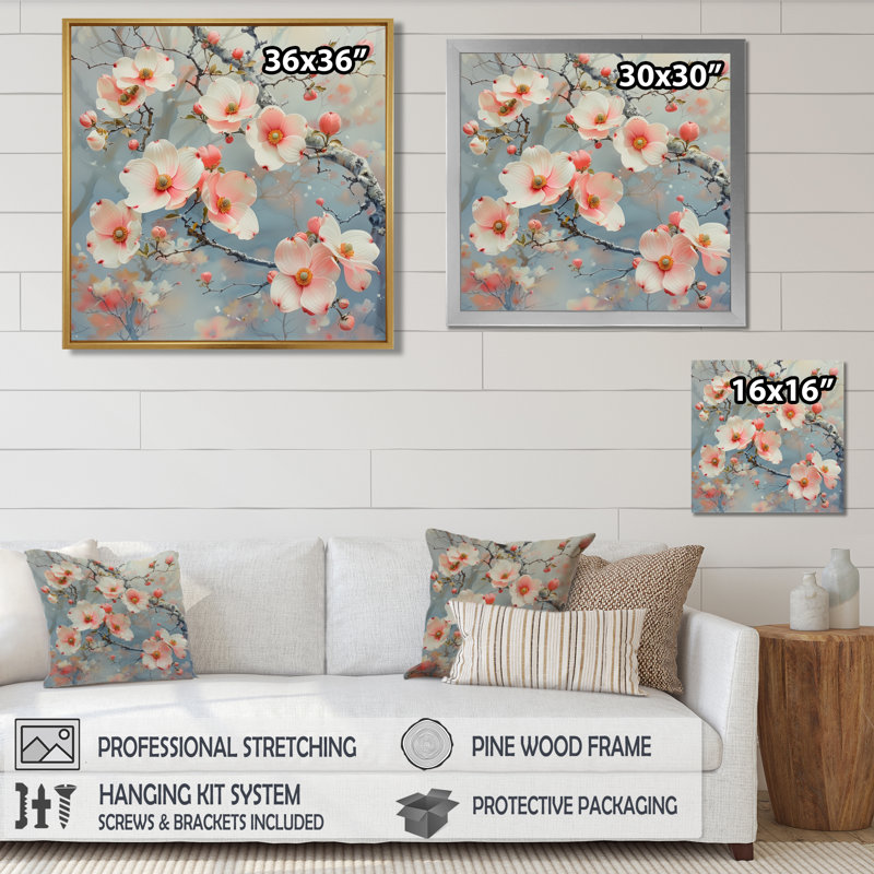 Rose et gris, hivers grâce à cornouiller II - cornouiller, Toile tendue, H 16 po x l 16 po x P 1 po