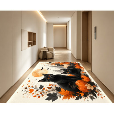 Tapis d'Halloween à motif de citrouille chat noir, conception mignonne effrayante, surface en velours, tapis antidérapant, décoration intérieure artistique pour salon, chambre à coucher, cuisine, entrée, appartement