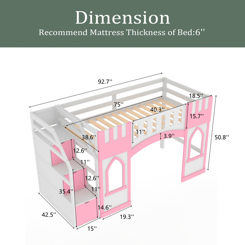 Lit mezzanine simple avec escalier de rangement et fenêtre, Rose / blanc