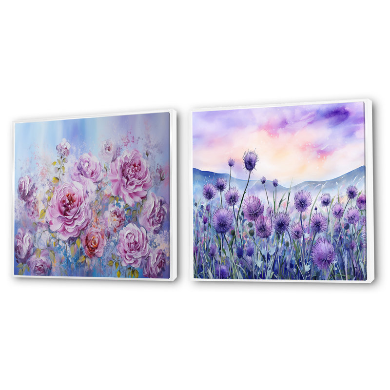 Mauve chardon et roses - ensemble de 2 collages carrés, Cadre flottant blanc, H 36 po x l 73 po