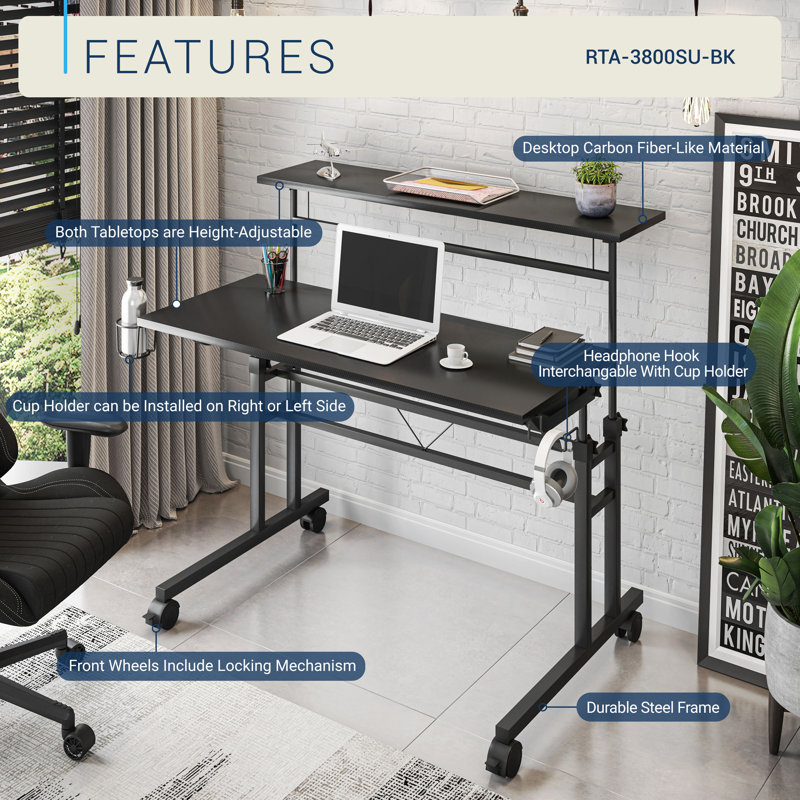 Techni Mobili Adjustable Metal Base Computer Desk, Black