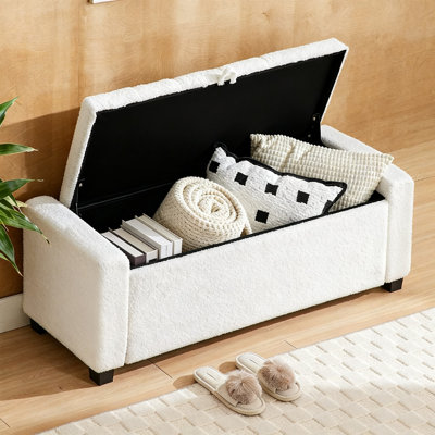 Storage Ottoman Bench, Bench for Bedroom End of Bed, Ottoman with Storage for Living Room and Entryway, (Teddy White)