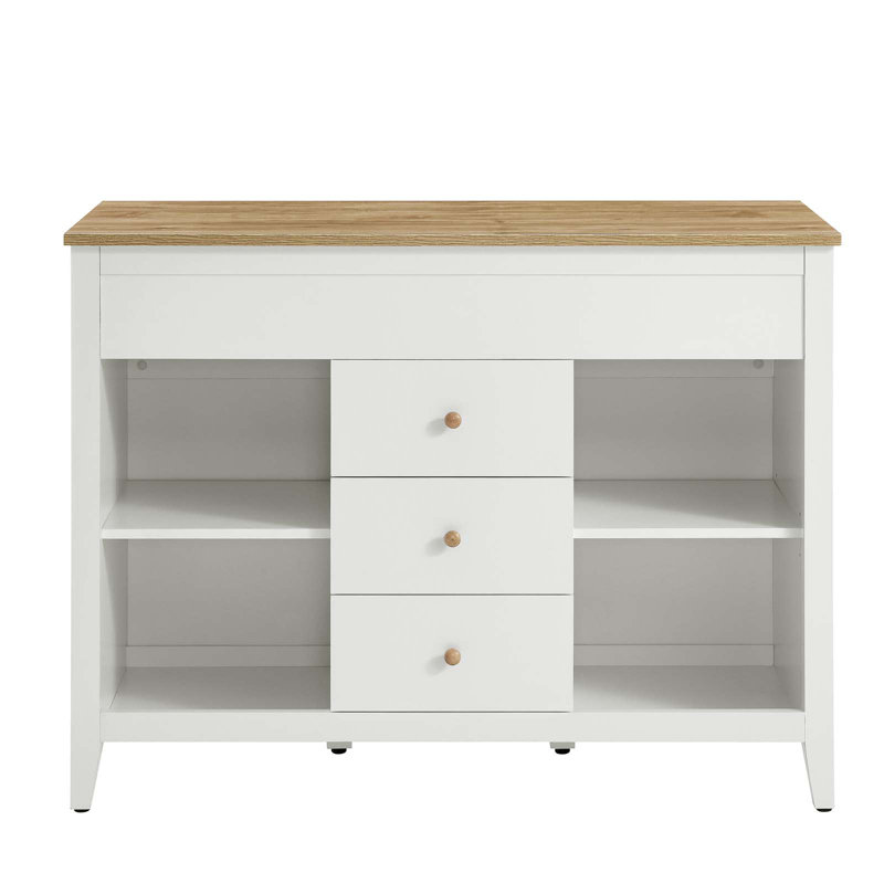 White and Natural Wood Grain Kitchen Island with Storage