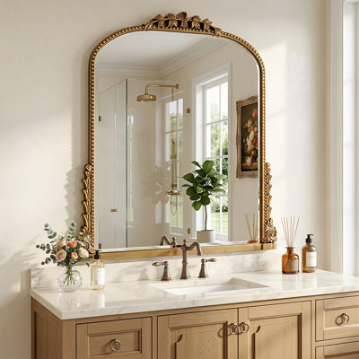 Retro Engraved Bathroom Mirror, Arched Wall Mirror