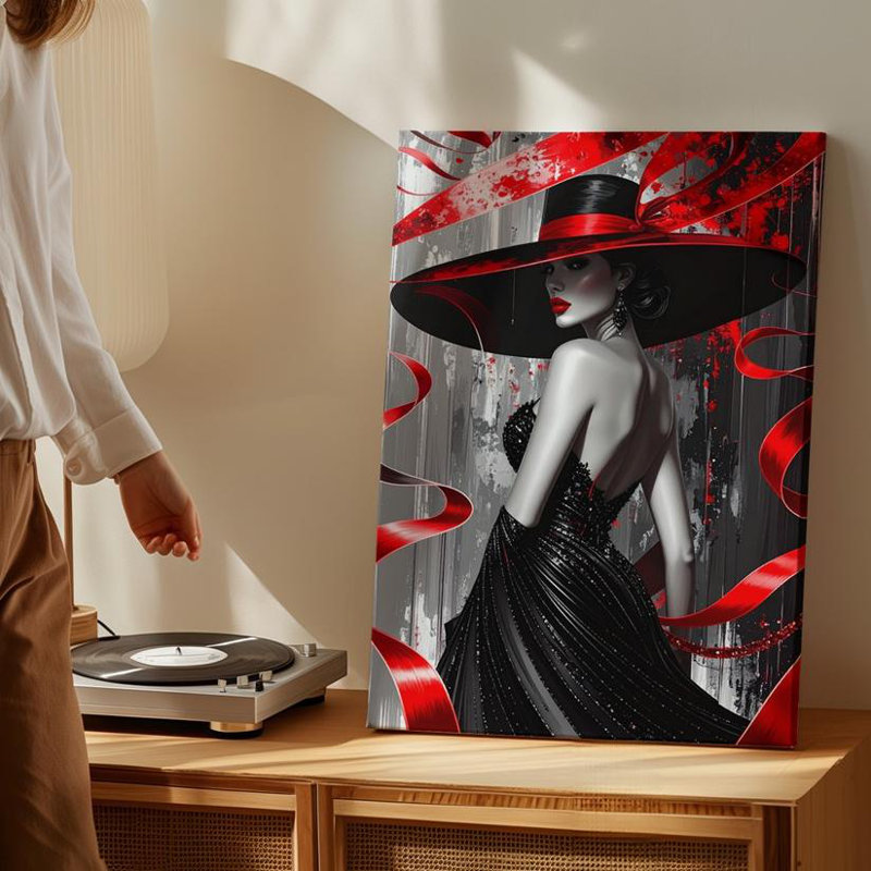 «Elegant Woman In Red Hat» inspiré par la toile Portrait avec rubans dynamiques, H 30 po x l 40 po