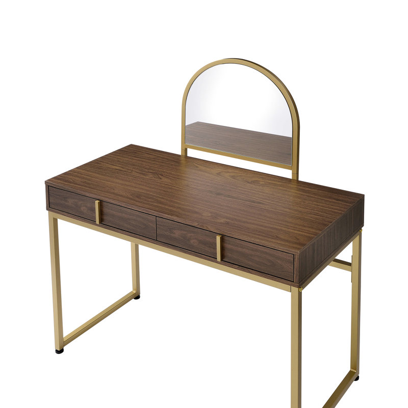 Bureau de meuble-lavabo rectangulaire en noyer et doré avec structure en métal, plateau à bijoux avec miroir inclus, 2 tiroirs de rangement en panneau de particules, hauteur de 50 pouces et avec, inclus, tiroirs,