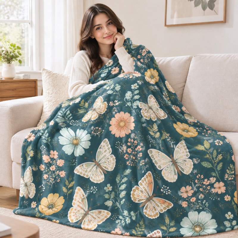 1pièce couverture en molleton à imprimé floral papillon - un côté; douillette, chaude et décorative Literie et articles de canapé