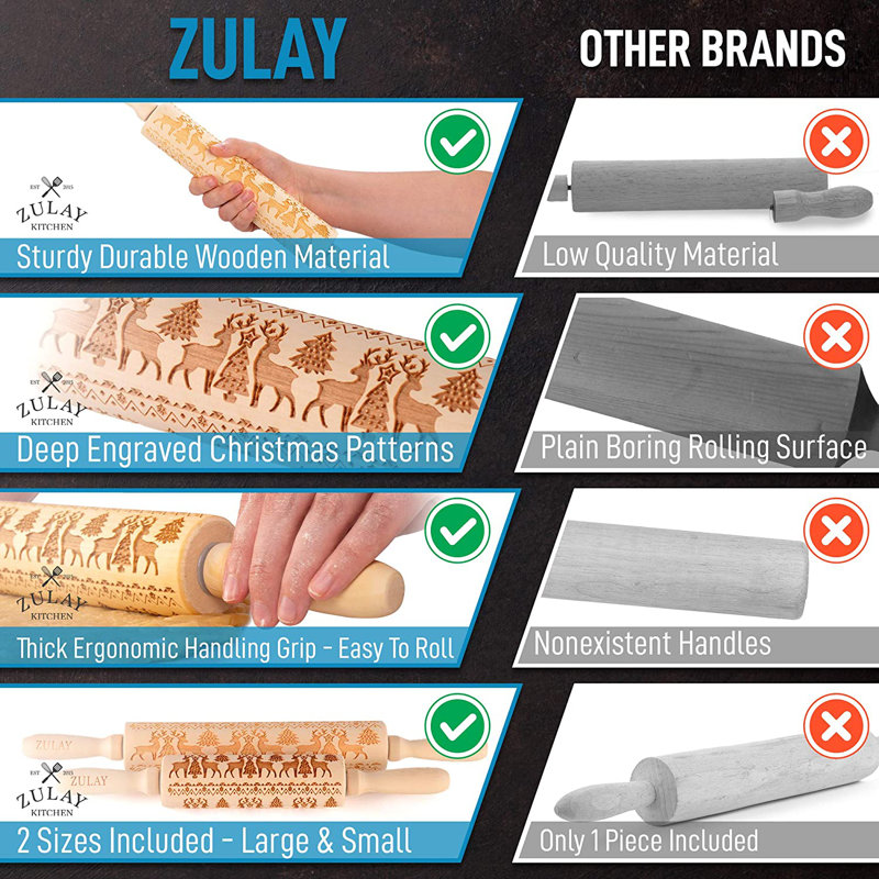Zulay Kitchen Set of 2 Embossed Rolling Pin - Wood Carved Large & Small with Deep Engraved Patterns