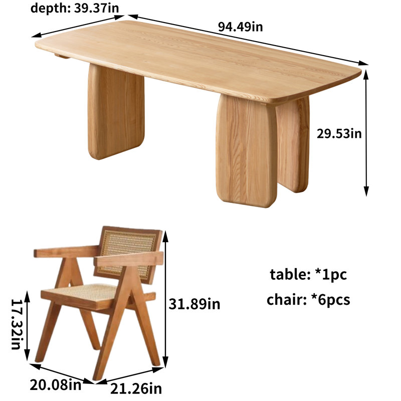 Grande table de salle à manger en bois de frêne massif, H 29,53 po x L 94,49 po x l 39,37 po