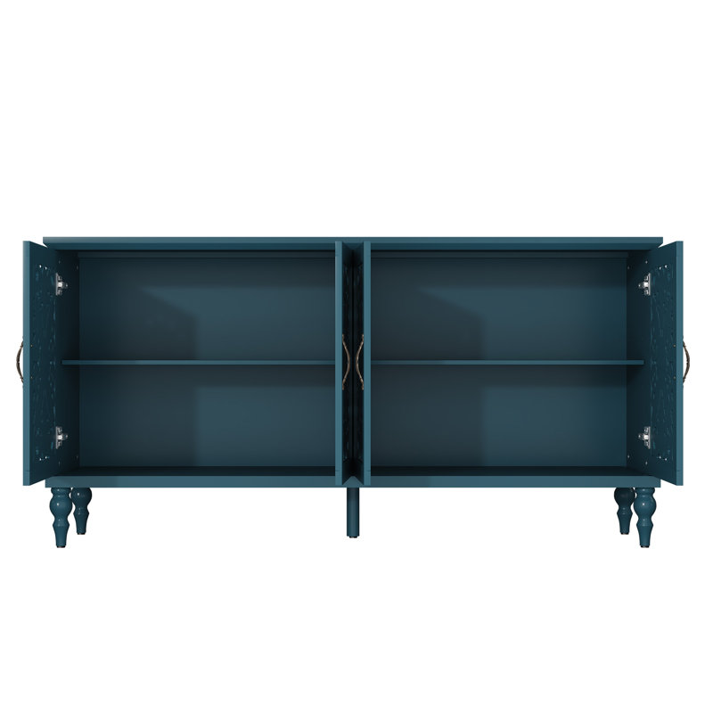 Buffet rétro 62 "avec tablettes réglables et 4 portes, buffet avec creux sculpté, Bleu