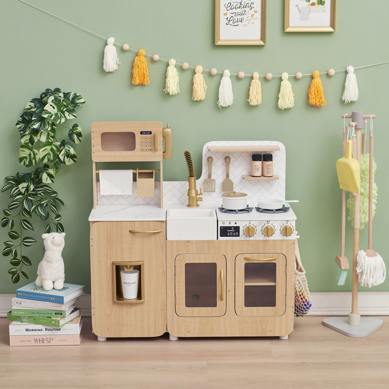 Teamson Kids Little Chef Cyprus Wooden Play Kitchen Set with 14 Accessories, Faux Marble Backsplash, and Gold Accents