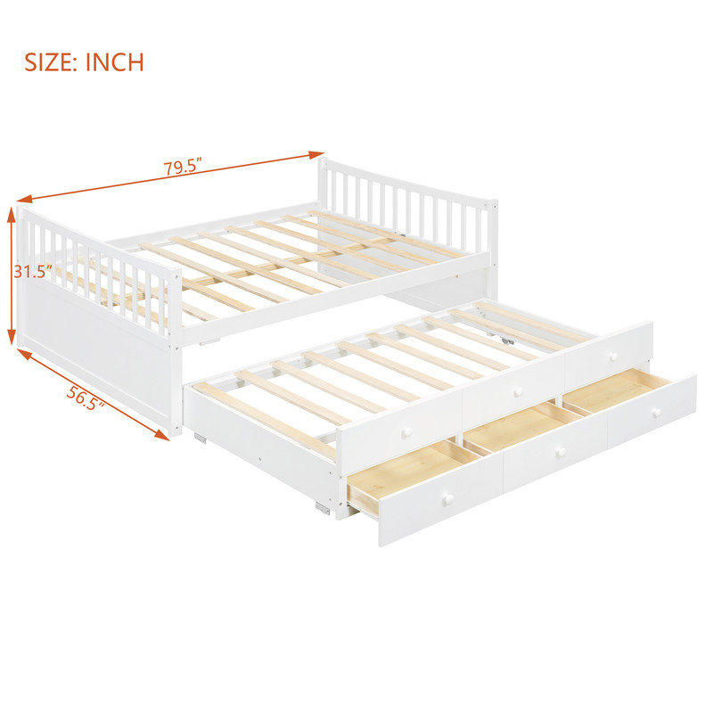 Lit de jour double polyvalent avec lit gigogne et 3 tiroirs de rangement, Blanc
