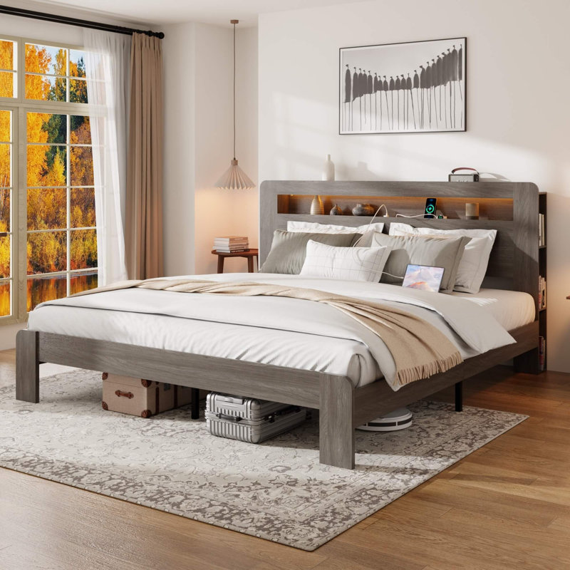 Lit plateforme en bois avec tête de lit à DEL avec rangement, Grand lit, Gris foncé