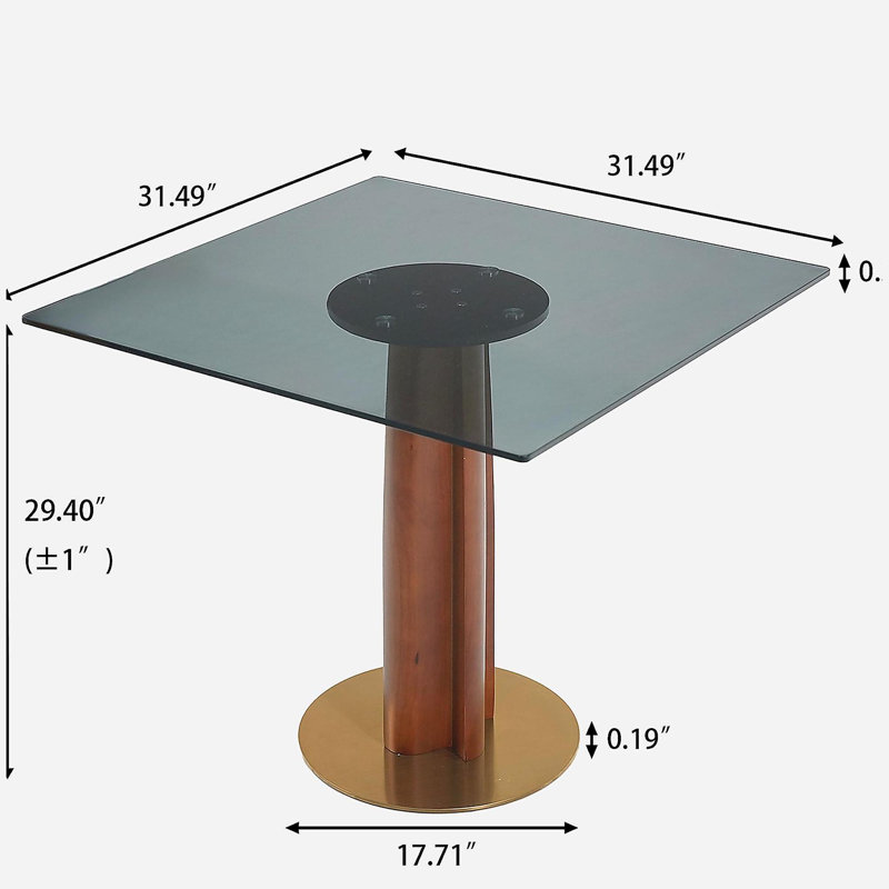 Table de salle à manger 33,5 "en verre trempé avec pieds en bois et base dorée, table carrée moderne