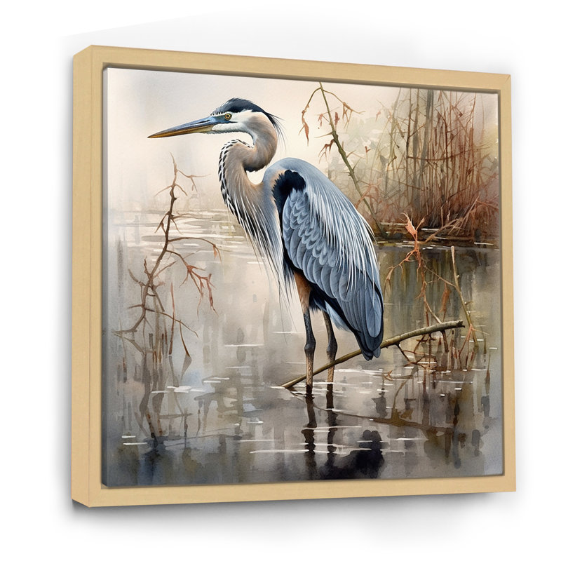 «Graceful Heron Waterbird IV - Heron», art mural, H 36 po x l 36 po, Reproduction avec cadre flottant, Érable