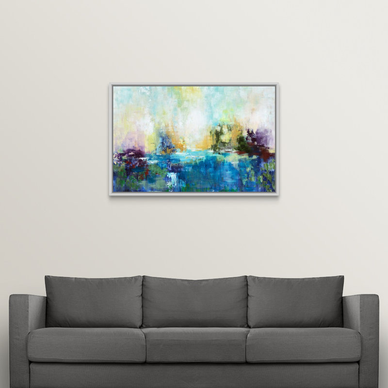 « karmic energy », peinture sur toile, H 33,7 po x l 49,7 po x P 1,75 po, Cadre flottant blanc