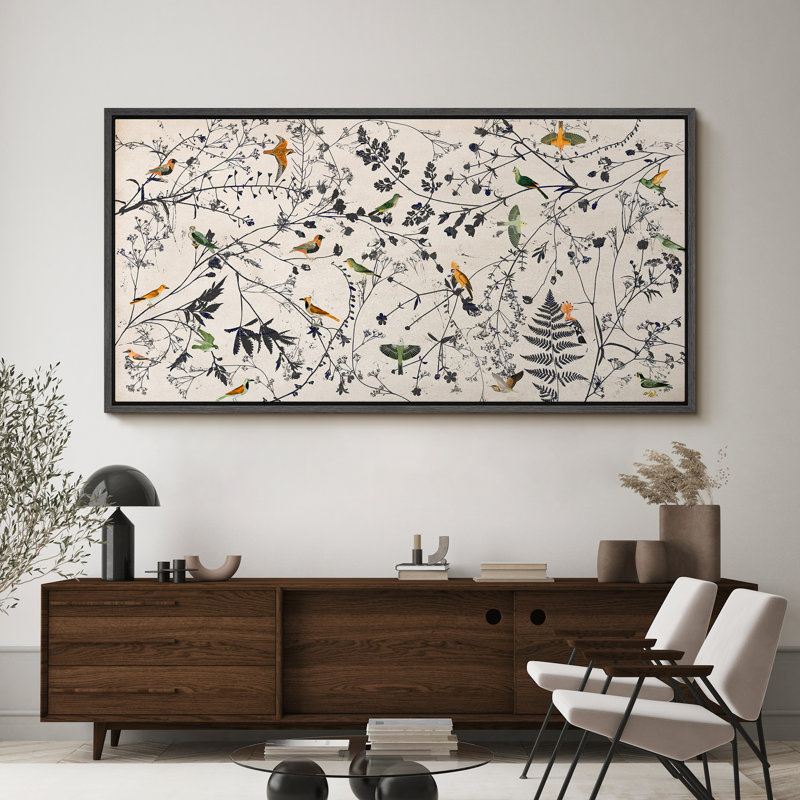 «Birds On Wildflower Plants Minimalist Modern Extra Large», reproduction d'art sur toile encadrée, H 30 po x l 60 po
