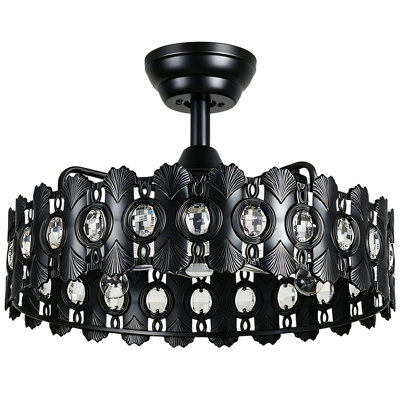 17.8" 4-Light Black Crystal Wave Metal Cage Ceiling Fan with Light, 7 ABS Blades, Reversible DC Motor, Remote Control, Height Adjustable