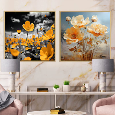 Jaune Buttercups Buttercup Meadow - ensemble de 2 collages floraux carrés
