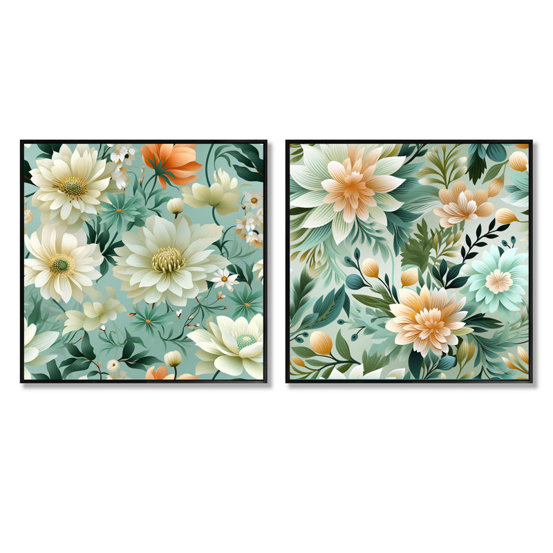 Uriah - Ensemble de 2 collages floraux carrés, Cadre flottant noir, H 16 po x l 33 po