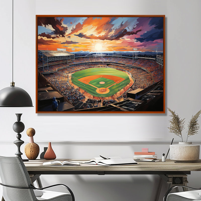 Abstrait Baseball Stadium V - Stades, art mural, H 24 po x l 32 po, Cadre flottant brun